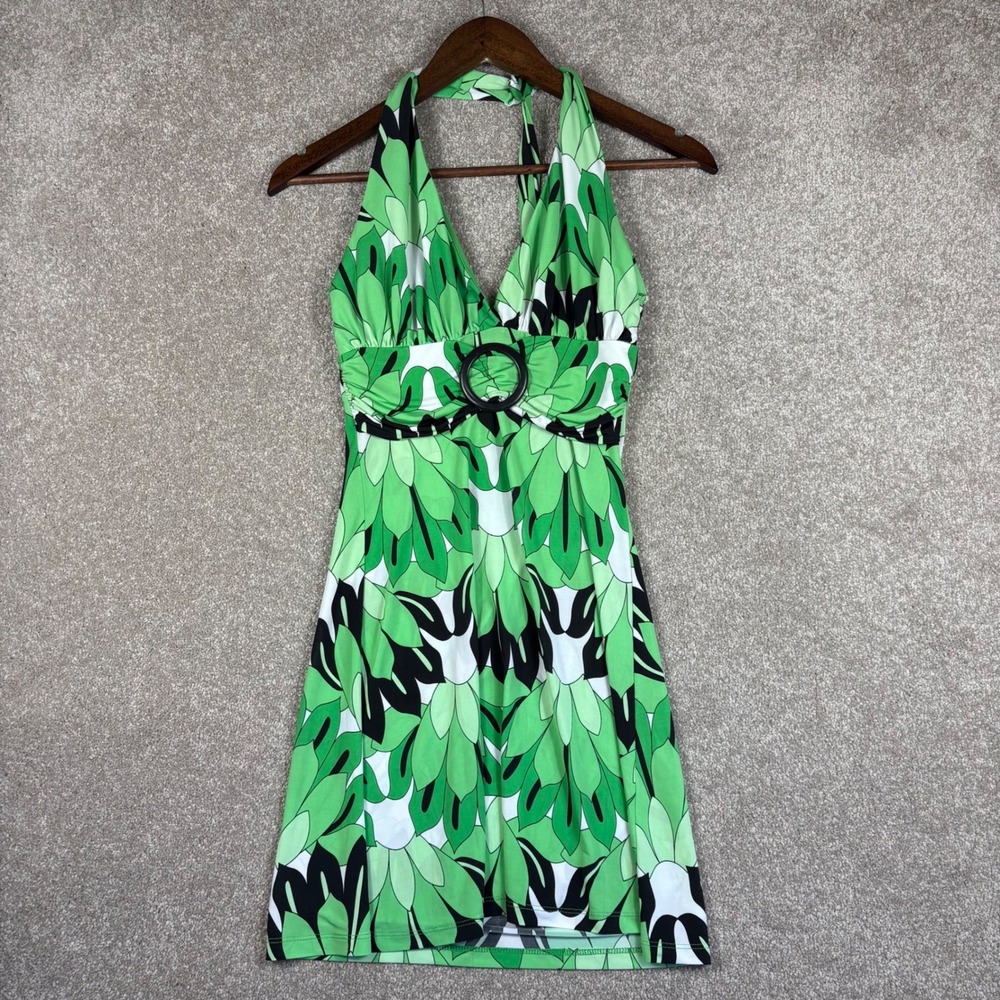 A'Gaci Vintage Halter Top Dress Green Black Floral O-Ring Made in USA Small